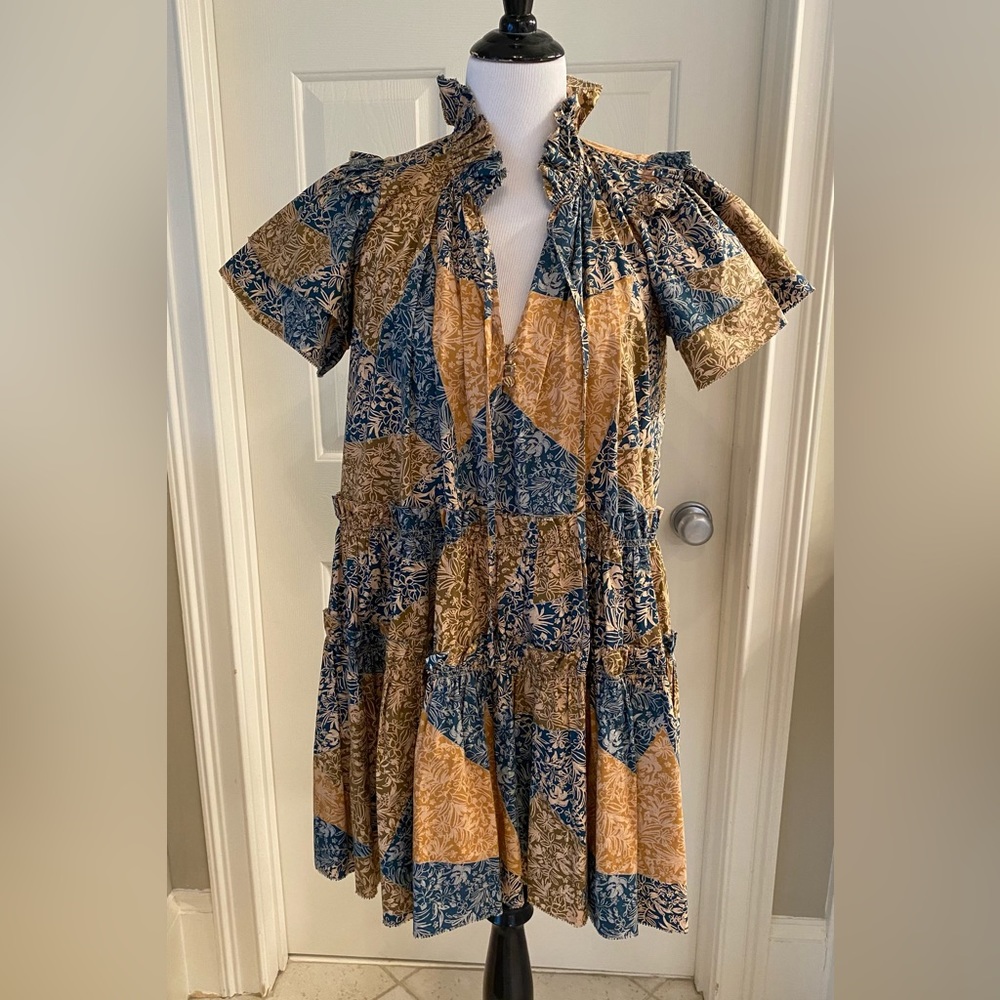 HUNTER BELL Blue and Mustard Patchwork Floral Short-Sleeve Dress
